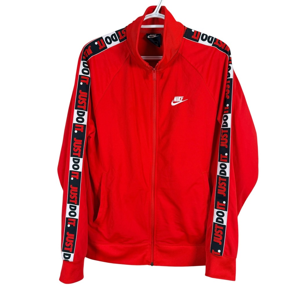 Nike Track Jacket "Just Do It" Mens M Red Taped Sleeve Full Zip Sportswear